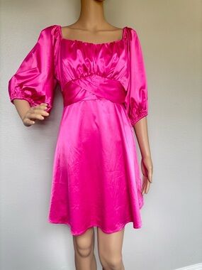 Double Crazy Satin Puff-Sleeve Mini Dress in Hot Pink Tie Back, Zipper Like New
